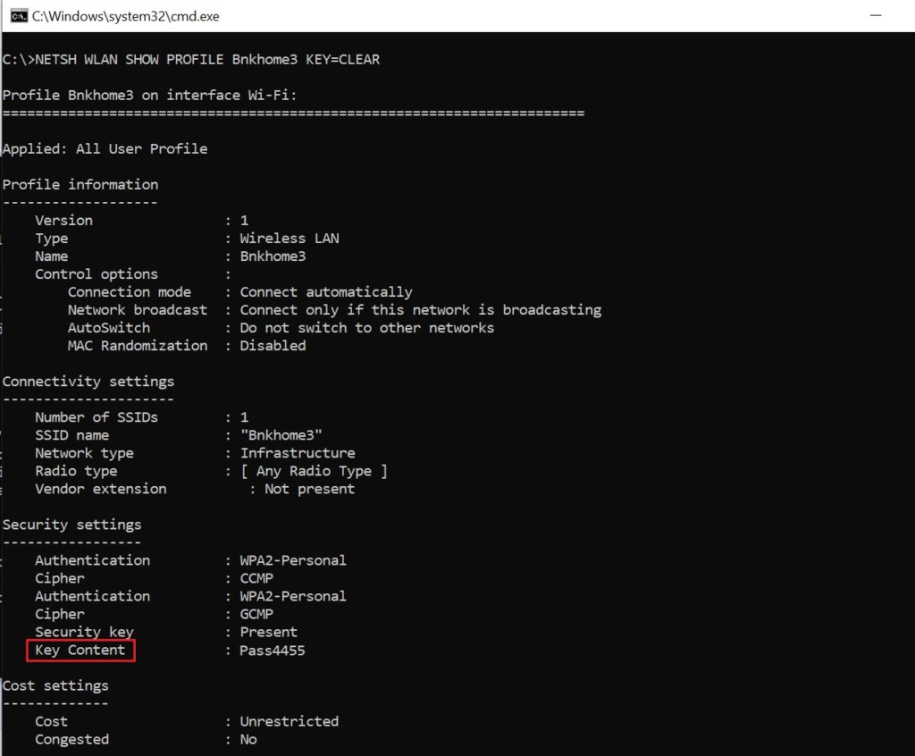 How to Find the WIFI password via cmd in Windows - command netsh key=clear