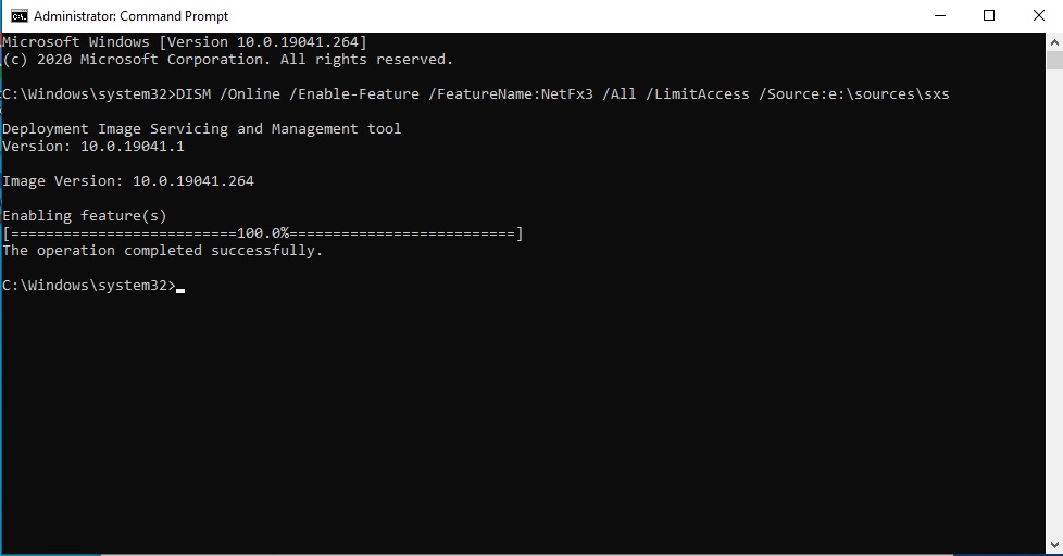 How to Enable .NET 3.5 Framework - Type Command DISM /Online /Enable-Feature /FeatureName:NetFx3 /All /LimitAccess /Source:e:\sources\sxs