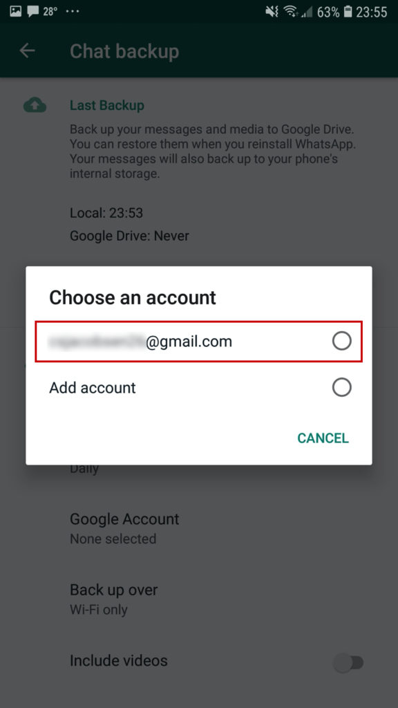 How to Backup WhatsApp Mobile App - Backup to Google Drive - Choose an Account