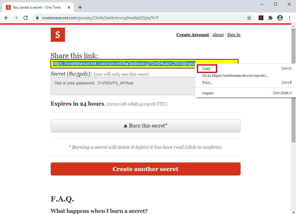 How to Share a One Time Secret to Anyone - Copy the URL