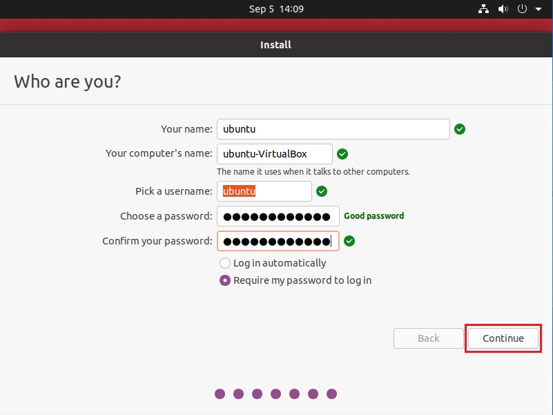 Ubuntu Installation - Set YourName/Hostname/Username/Password