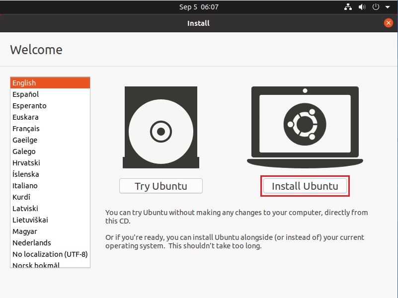 Ubuntu Installation - Select Language